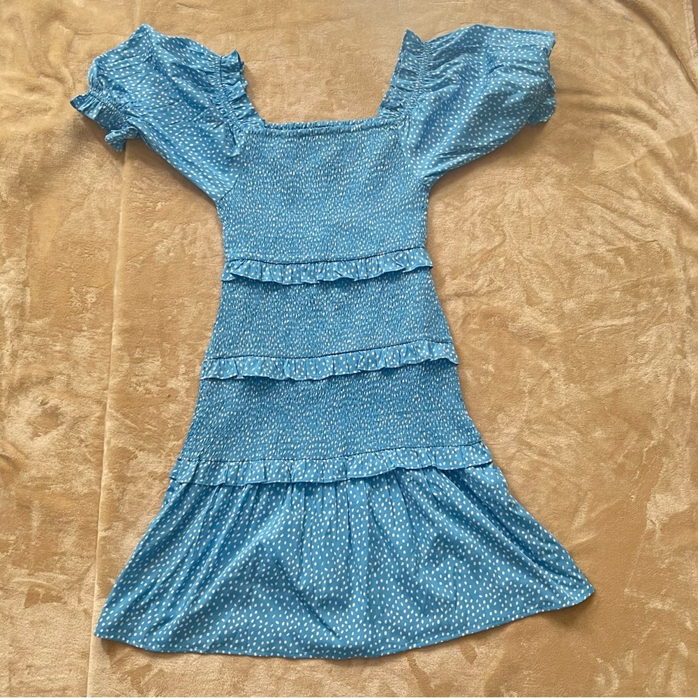 Women Square Neck Short Sleeve All Over Printed Mini Dress, Blue